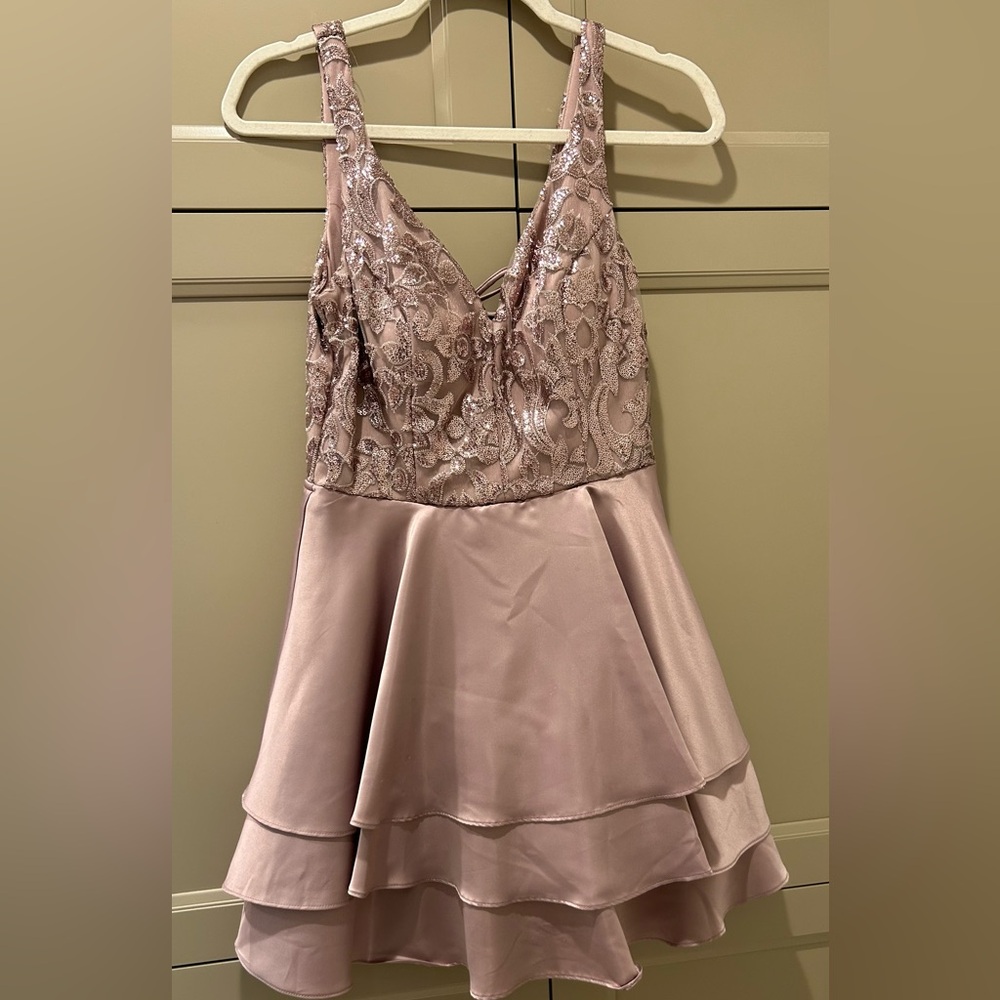 City studio gold pink satin with lace dress Size small.